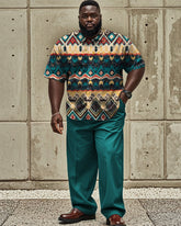 Vintage Western Print Lapel Short-sleeved Shirt Plus Size Men's Suit